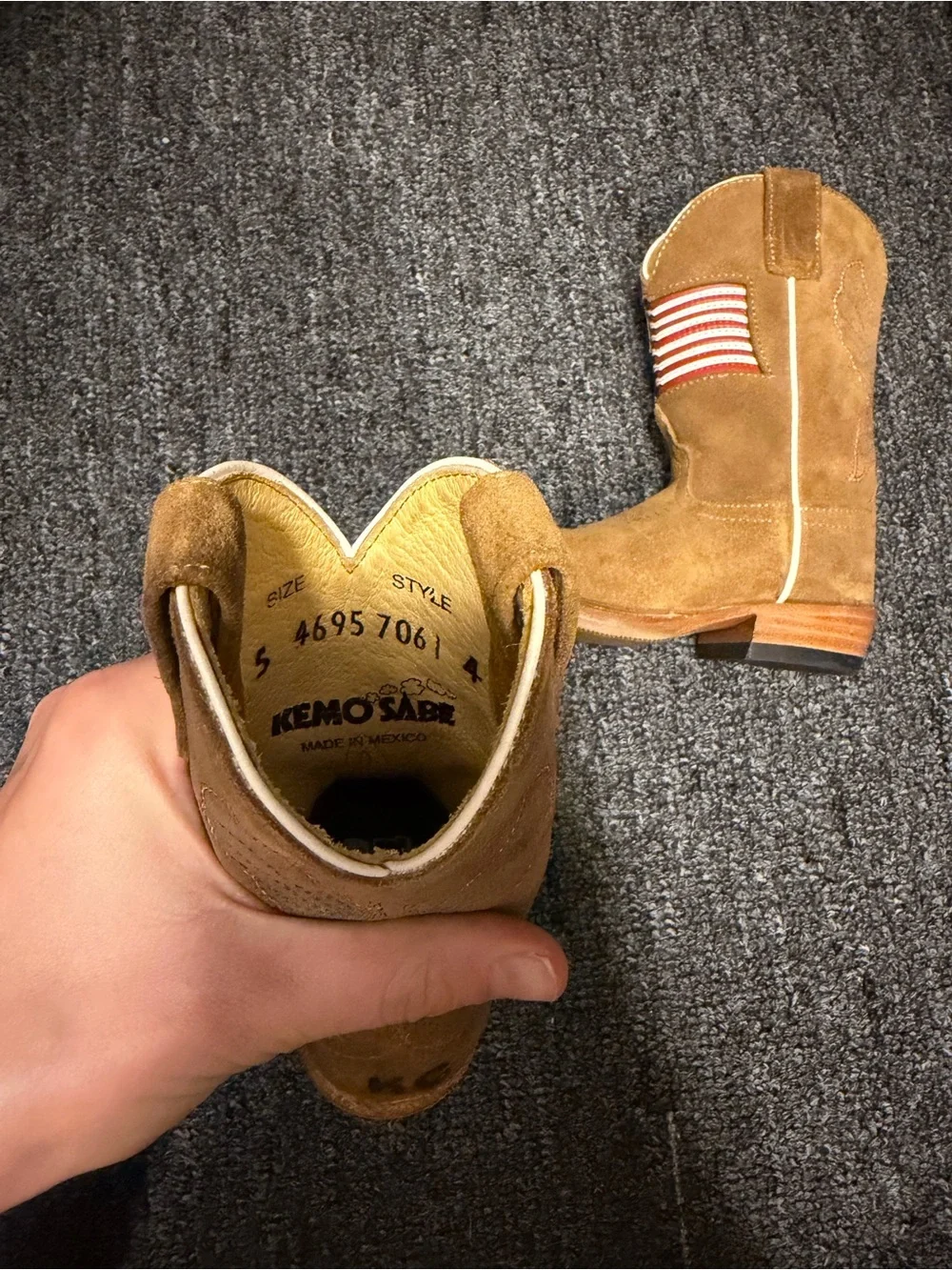 Kids Tan Suede Western Boots with American Flag Accent